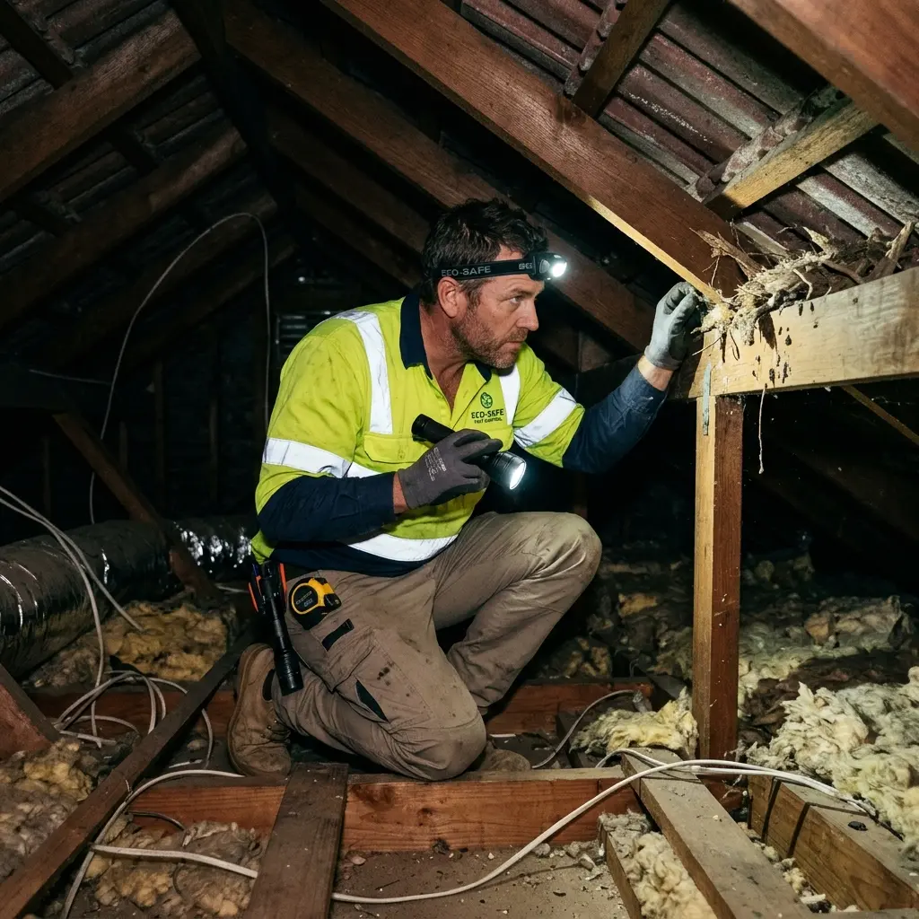 Technician inspecting a Mount Evelyn roof cavity for a dead possum